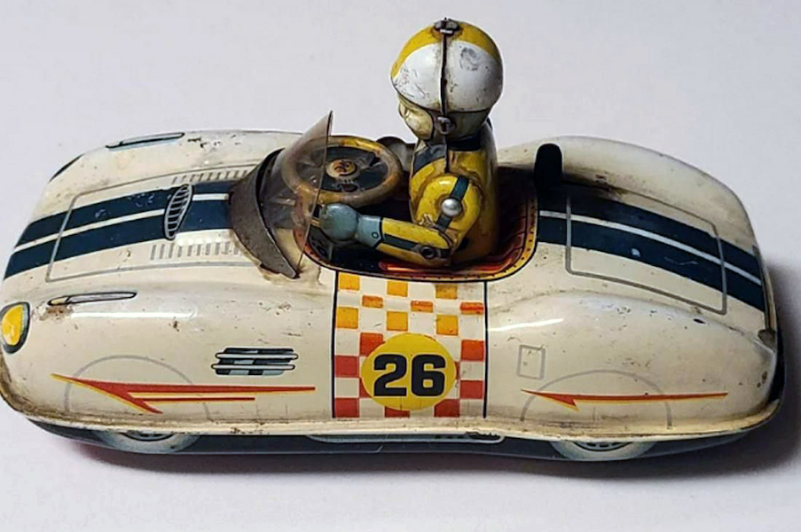 1950s Yonezawa tin battery-operated race car toy, estimated at $350-$500 