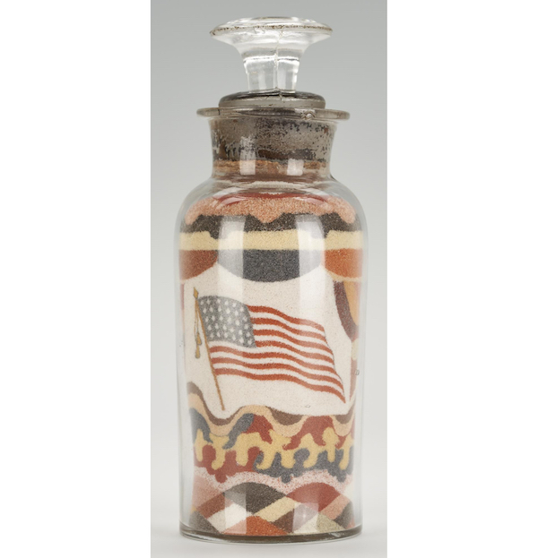 Andrew Clemens patriotic sand art bottle with its original label, estimated at $10,000-$14,000. Image courtesy of Case and LiveAuctioneers