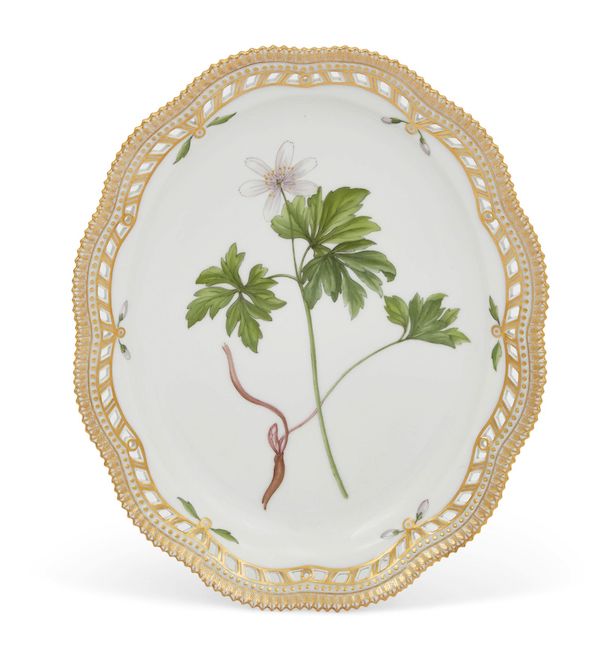 Royal Copenhagen Flora Danica porcelain oval reticulated stand from an extensive table service offered in 24 lots, which together totaled $118,750. Image courtesy of Andrew Jones Auctions and LiveAuctioneers