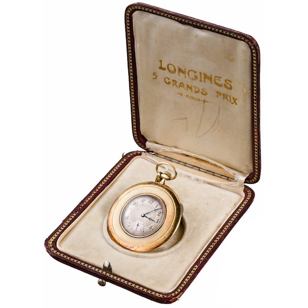 18K gold Longines pocket watch in its original case, estimated at €3,200-€6,400. Image courtesy of Hermann Historica and LiveAuctioneers