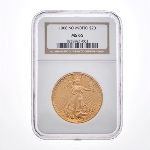 1908 No Motto $20 St. Gaudens graded Mint State 65, estimated at $2,250-$2,500. Image courtesy of Doyle NY and LiveAuctioneers