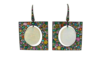 Earrings by Theodoros that feature dangling oval-shape opals within frames of 18K blackened gold decorated with multi-colored gems, estimated at $34,000-$41,000