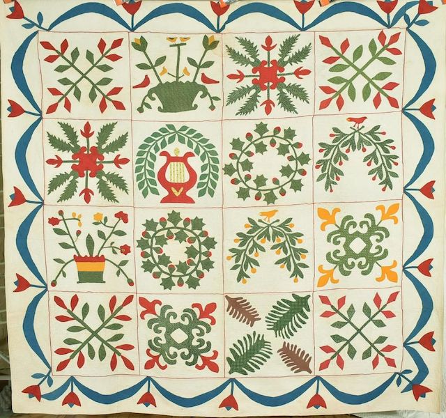 Mid-19th-century cotton quilt with elaborate applique designs, estimated at $5,000-$8,000.