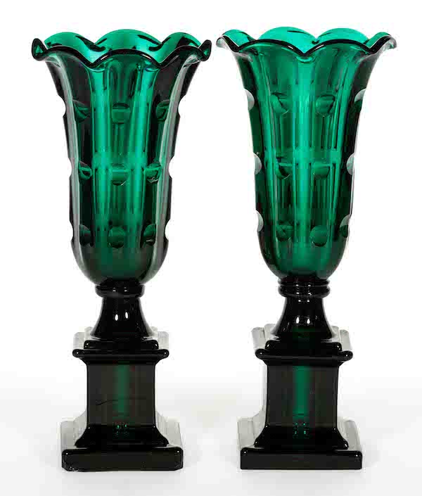 Pair of emerald green Boston & Sandwich Glass Co. notch-cut and pressed vases, $10,800