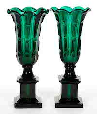 Boston & Sandwich Glass Co. pair of pillar-molded cut-notch tulip vases in deep emerald green, estimated at $8,000-$12,000