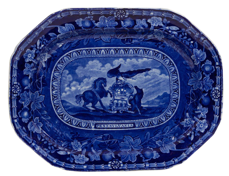 Staffordshire American Historical transfer-printed ceramic platter featuring the arms of Pennsylvania, estimated at $8,000-$12,000