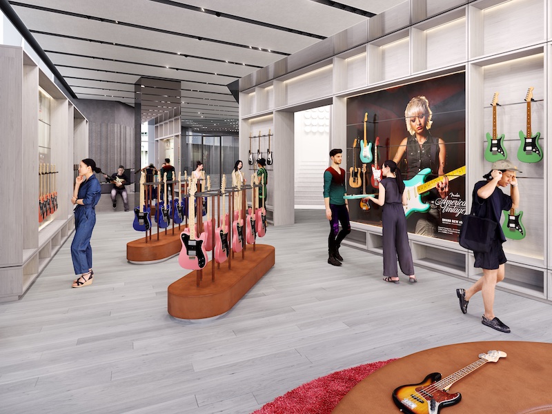 The new Fender store, which opens June 30 in the Harajuku district of Tokyo, is three stories high and has a concert space and a coffee shop in addition to Fender guitars and accessories. Image courtesy of Fender Musical Instruments Corp.