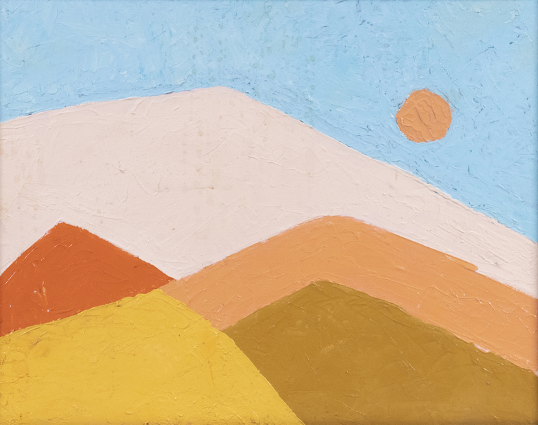 Impasto knifework oil on canvas painting of mountains under a sunlit sky by Etel Adnan, estimated at $50,000-$75,000. Image courtesy of Thomaston Place Auction Galleries