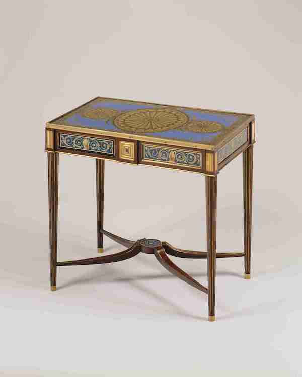Writing table, workshop of Heinrich Daniel Gambs and Jonathan Ott (attributed to), Saint Petersburt, Russia, circa 1795. Mahogany, mahogany veneer, pine, painted and gilded glass, gilt bronze or brass mounts, metal lock. Courtesy of Hillwood Estate, Museum & Gardens. Photo credit Edward Owen