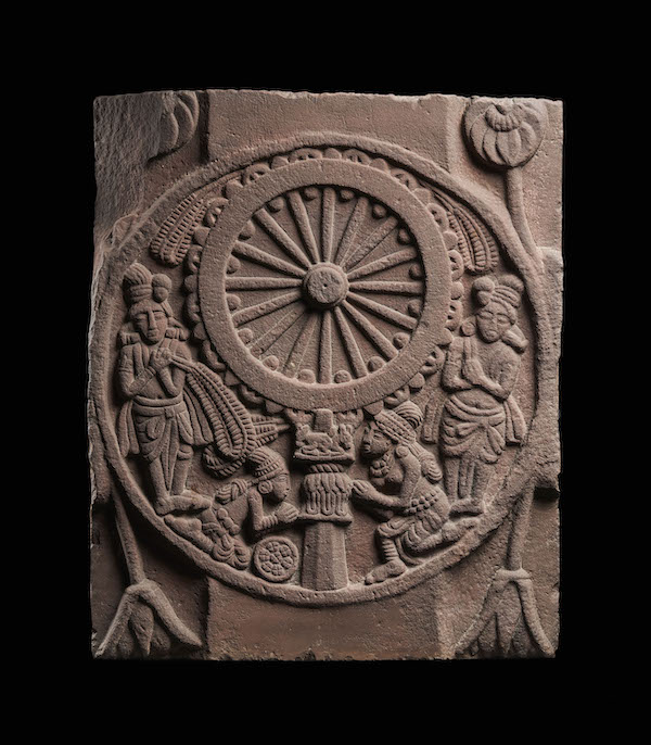 Railing pillar medallion with veneration of the Dharma-wheel (dharmacakra). Bharhut stupa, Madhya Pradesh, Sunga, circa 150 B.C. Sandstone, 59.7 by 50.2 by 14.6cm. Collection: Indian Museum, Kolkata 