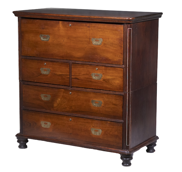 English 19th-century camphorwood campaign chest or desk, estimated at $2,000-$3,000. Image courtesy of Thomaston Place Auction Galleries