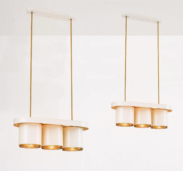 A pair of Alvar Aalto A203 ceiling lamps earned €15,000 (about $16,388) plus the buyer’s premium in May 2023. Image courtesy of Annmaris Auctions and LiveAuctioneers.