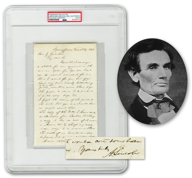 One-page autograph letter signed by Abraham Lincoln, PSA/DNA encapsulated and authenticated, penned on March 27, 1858 to the opposing counsel of a Missouri-Illinois land dispute case, demonstrating a level of shrewdness that he would later employ in politics, estimated at $12,000-$15,000