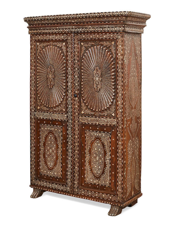 Circa-1900 Anglo Indian inlaid hardwood cabinet, estimated at $1,500-$2,000
