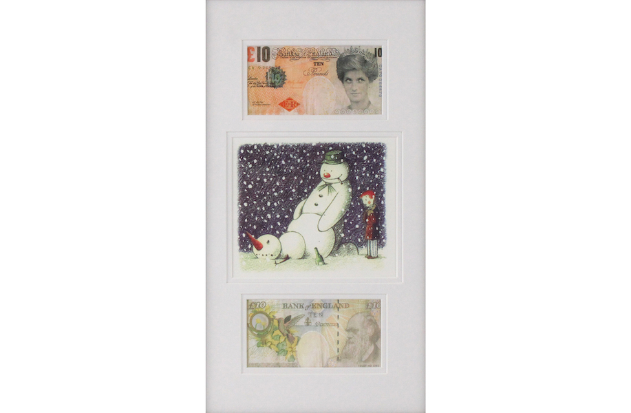 Banksy, pair of ‘Di-Faced Tenners’ and ‘Rude Snowman’ card, estimated at $2,000-$4,000. Image courtesy of Nye & Company Auctioneers