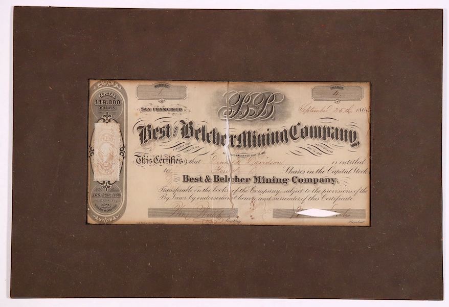 Best & Belcher Mining Company (Nev.) stock certificate #1, possibly one of a kind, for four shares, issued on Sept. 25, 1863, estimated at $1,500-$3,000