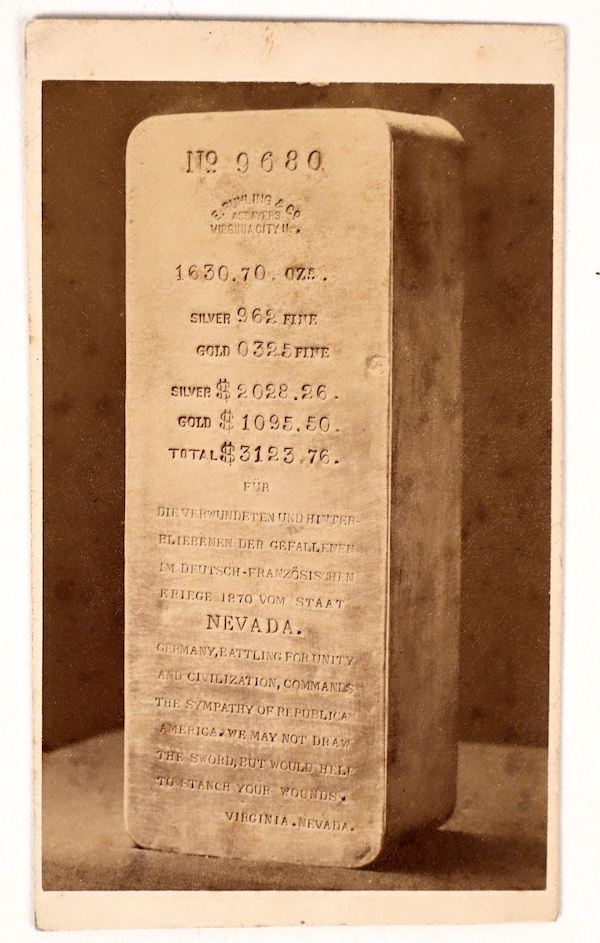 Carte de visite of a Comstock ingot made by E. Ruhling & Co., assayers during the Franco-Prussian War, estimated at $1,000-$2,000