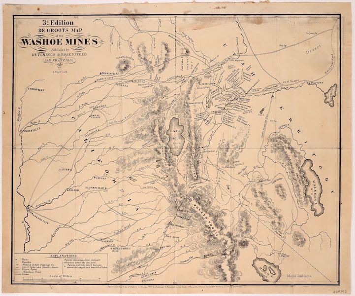 One of only a few known copies of De Groot's third edition map of the Washoe mines of Nevada, one of the rich Comstock mines discovered in 1859, published in 1860, estimated at $10,000-$20,000 