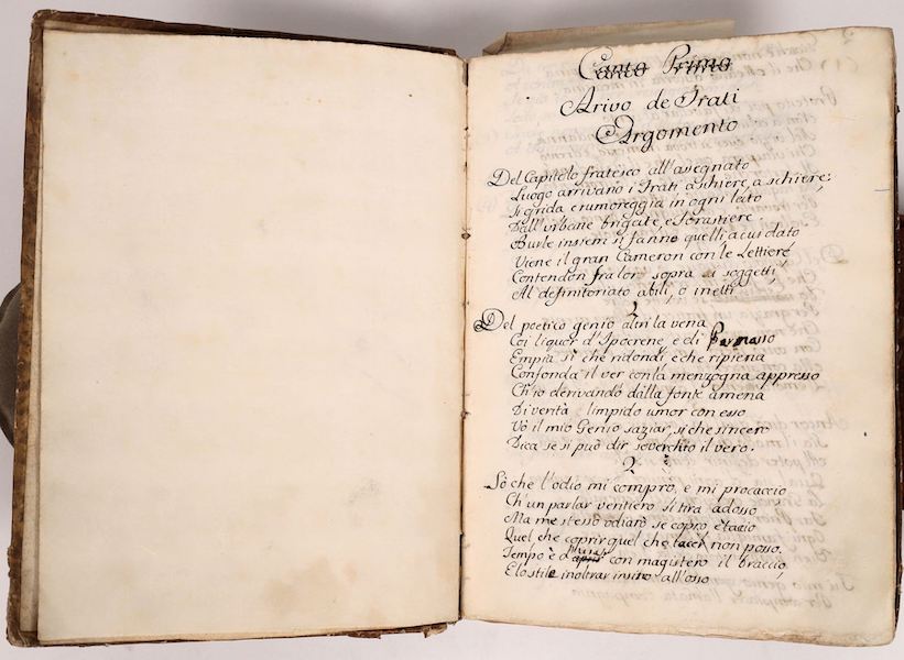 Original, historical copy of the late 1600s book ‘Il Capitolo dei Frati (The Chapter of the Friars),’ described as an ecumenical farce, hand-written apparently in author Sebastiano Chiesa’s hand, estimated at $10,000-$30,000