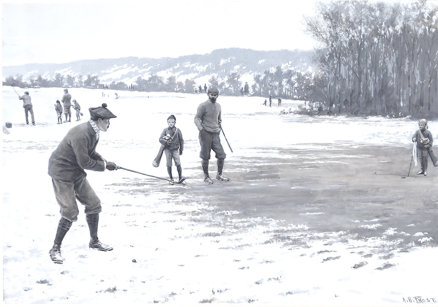 Arthur Burdett Frost, ‘Winter Golf – Play the Like in Four!,’ estimated at $30,000-$50,000. Image courtesy of Copley Fine Art Auctions
