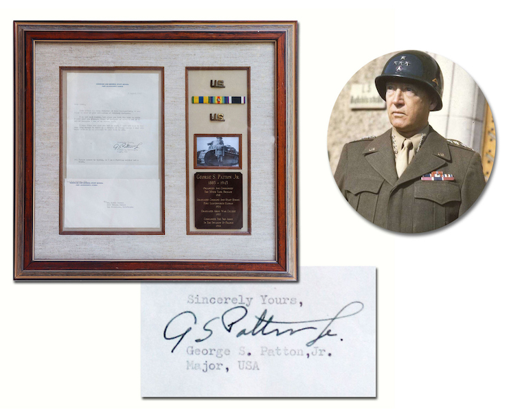 One-page typed letter signed by George S. Patton, Jr., with Patton’s own ribbon bar and U.S. collar insignia, sent on August 5, 1923 to a military collector, estimated at $3,500-$4,500