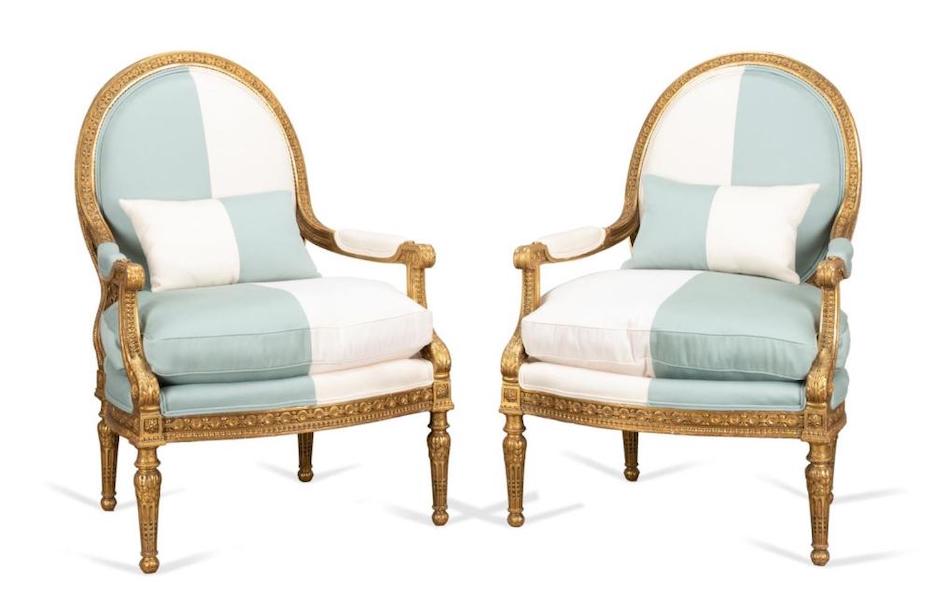 Carved giltwood fauteuils, or armchairs in the Louis XVI taste, attributed to Georges Jacobs, estimated at $6,000-$10,000. Image courtesy of Ahlers & Ogletree