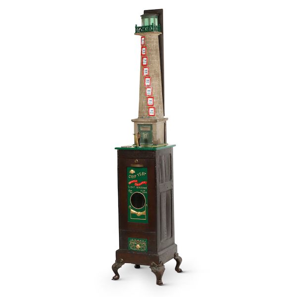 American 1924 Globe Amusement Lighthouse grip strength tester with lights and a horn that sounds when a player reaches the top level of the game, CA$12,980