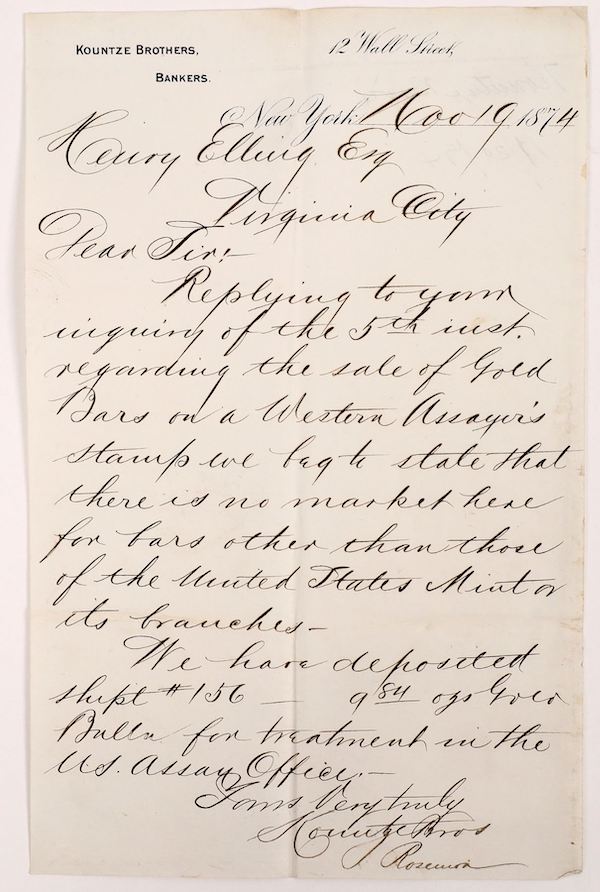 Archive of original gold bullion shipment and receipt records from Virginia City, Montana banker Henry Elling to the Kountze Bank in New York, 1873-1881, estimated at $2,500-$6,000