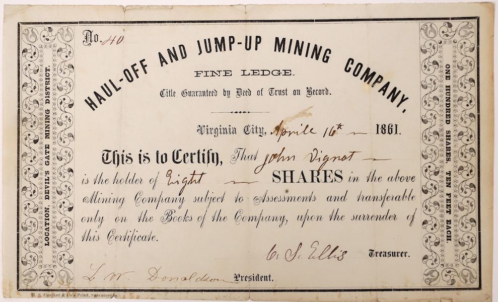 Haul-Off and Jump-Up Mining Company (Devil’s Gate Mining District, Utah/Nevada Territory) stock certificate, dated April 16, 1861, for eight shares, to John Vignot, estimated at $1,000-$3,000