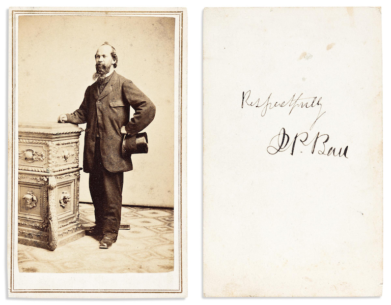 Circa-1870 inscribed carte-de-visite of Black photographed James Presley Ball, offered in the March 30 Printed & Manuscript African Americana sale, $125,000. Image courtesy of Swann Auction Galleries