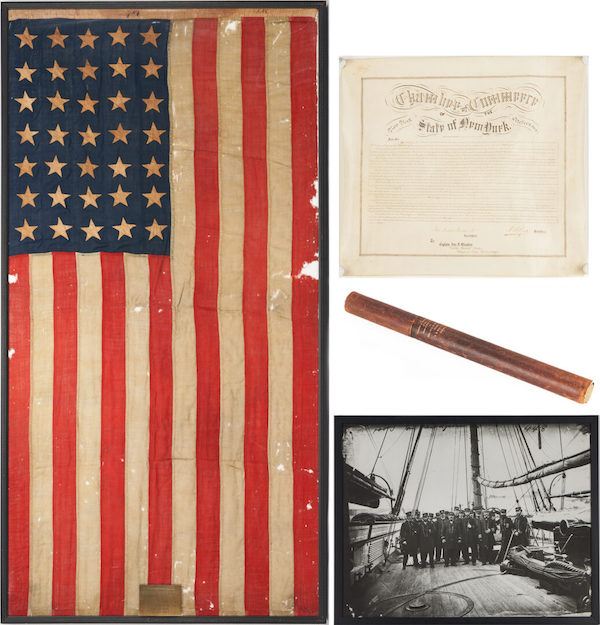 35-star battle-flown American flag from the USS Kearsage, plus a commendation and a framed photo, together estimated at $18,000-$22,000. Image courtesy of Case