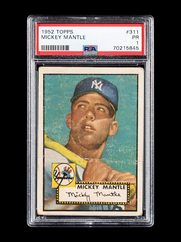 1952 Topps Mickey Mantle Rookie Baseball Card No. 311 (PSA 1), estimated at $20,000-$30,000. Image courtesy of Hindman