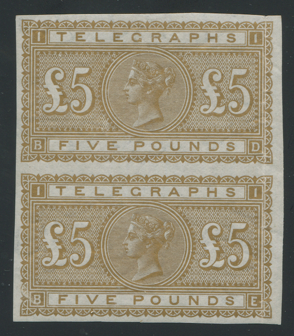 Great Britain 1877 Five Pound telegraph vertical pair (BD/BE) color trial in gold, estimated at $7,000-$7,500