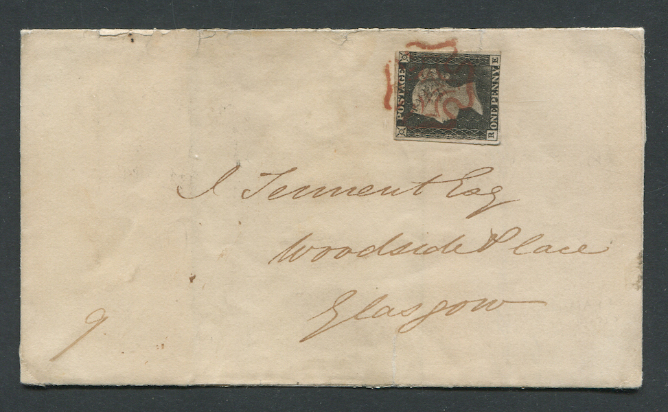 Great Britain 1840 #1 1d black (RE) plate 1a on cover addressed to Glasgow, Scotland, estimated at $1,500-$1,750