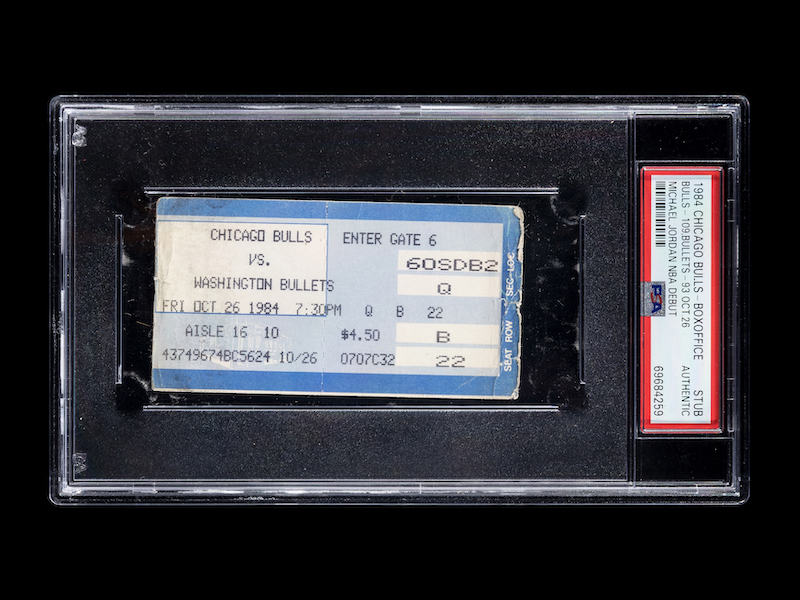 October 26, 1984 Chicago Bulls vs. Washington Bullets Michael Jordan NBA debut ticket stub, Chicago Stadium box office example (PSA Authentic), estimated at $8,000-$12,000. Image courtesy of Hindman