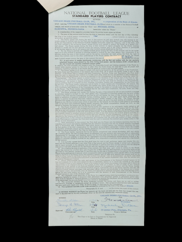 Mike Ditka's 1961 Chicago Bears rookie NFL player contract, signed by Ditka, George Halas and Pete Rozelle, estimated at $4,000-$6,000. Image courtesy of Hindman