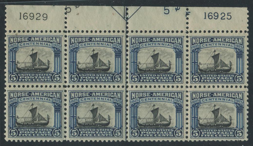 USA 1925 #621 5c dark blue and black plate block of eight VF MNH, estimated at $300-$400 