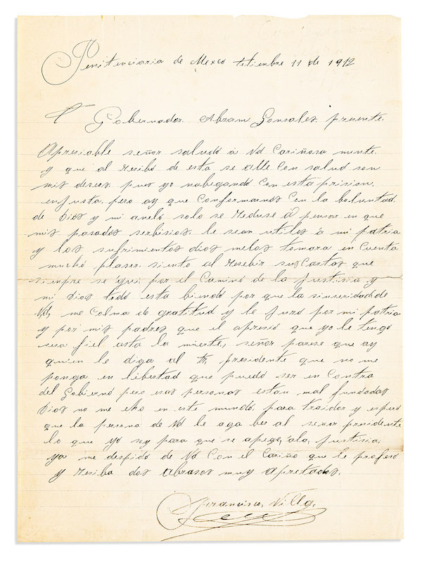 Pancho Villa signed 1912 autograph letter to Chihuahua Governor Abraham Gonzalez in Spanish, estimated at $7,000-$10,000