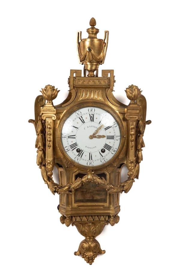 18th-century gilt bronze Louis XVI cartel clock, estimated at $3,000-$5,000. Image courtesy of Ahlers & Ogletree
