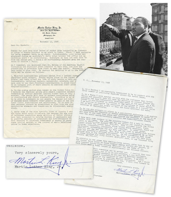 Two-page typed letter signed by Martin Luther King, Jr., dated Nov. 13, 1958, while King was recuperating from an assassination attempt and planning a trip to the Soviet Union to observe Soviet attitudes towards people of color, estimated at $50,000-$75,000