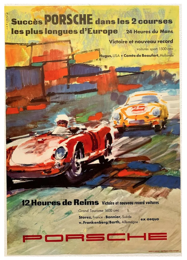 This 1956 poster praising Porsche’s successes at Le Mans brought $2,137 plus the buyer’s premium in May 2023. Image courtesy of Ni-Cola Classics - Automobilia Auction & Classic Car Sales and LiveAuctioneers.