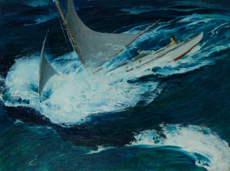 Harold von Schmidt, ‘Pitching And Bucking Into The Seas, She Made Good Weather Of It,’ estimated at $3,000-$5,000. Image courtesy of John Moran Auctioneers