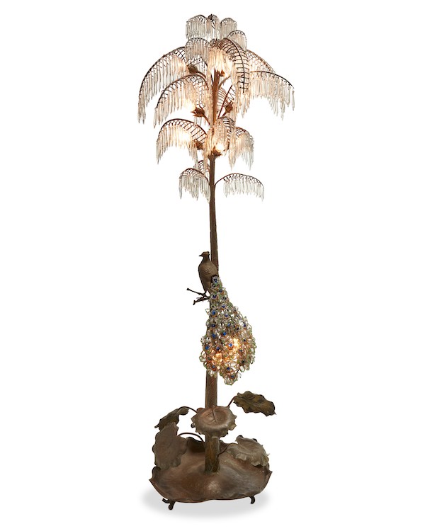 French gilt-bronze and crystal palm tree floor lamp, estimated at $3,000-$5,000. Image courtesy of John Moran Auctioneers