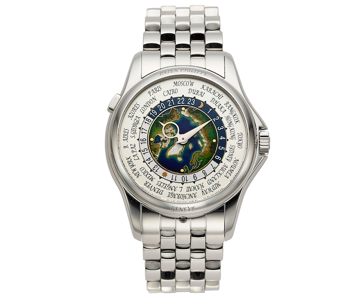 Circa-2017 Patek Philippe platinum world time wristwatch with cloisonne dial, $131,250. Image courtesy of Heritage Auctions, ha.com