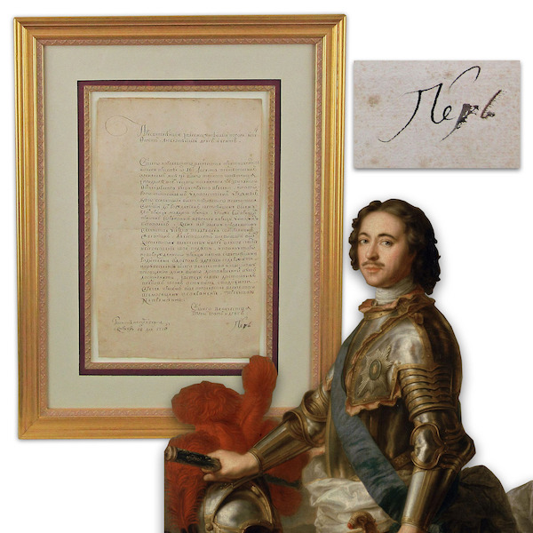 Letter boldly signed by Peter the Great, in Russian Cyrillic, dated October 18, 1710, addressed to Frederick I, King of Prussia, estimated at $12,000-$15,000