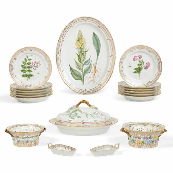 Extensive collection of Royal Copenhagen Flora Danica porcelain tableware offered in the June 18 auction with estimates ranging from $400-$7,000