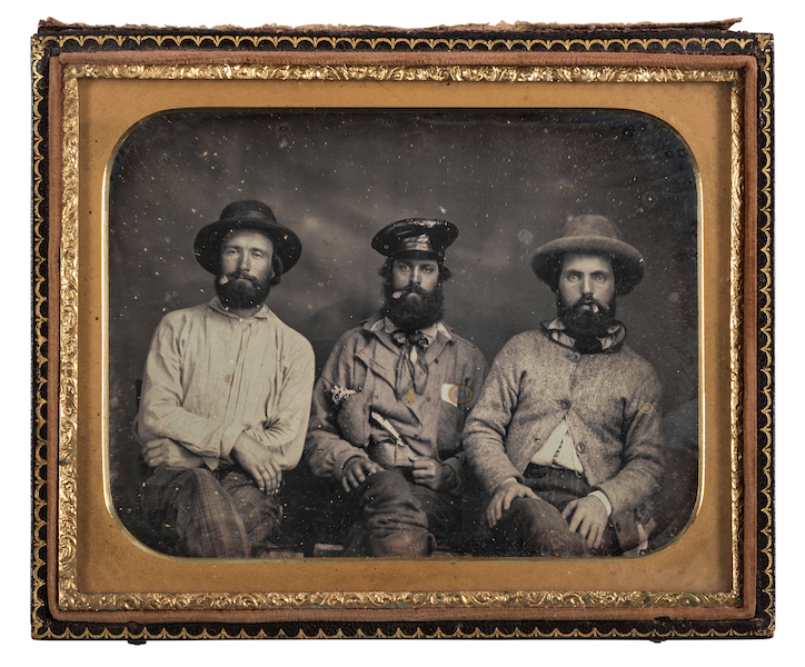Half plate daguerreotype of three gold miners, estimated at $4,000-$6,000. Image courtesy of Hindman