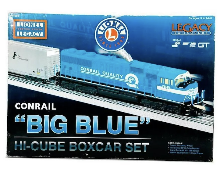 Lionel O gauge 6-81094 Conrail Big Blue Hi-Cube boxcar set in its original shelf-worn set box, estimated at $300-$600