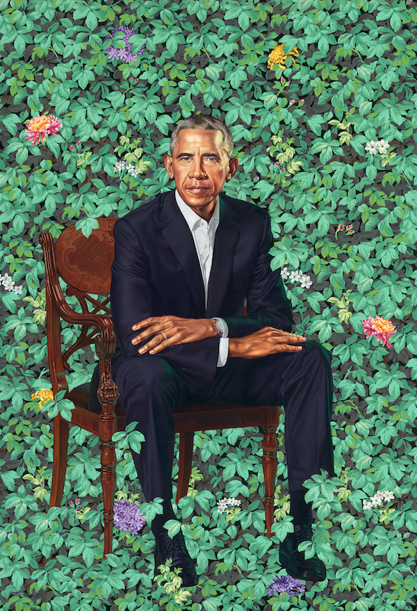 Barack Obama by Kehinde Wiley, oil on canvas, 2018. National Portrait Gallery, Smithsonian Institution. The National Portrait Gallery is grateful to the following lead donors for their support of the Obama portraits: Kate Capshaw and Steven Spielberg; Judith Kern and Kent Whealy; Tommie L. Pegues and Donald A. Capoccia. © 2018 Kehinde Wiley 