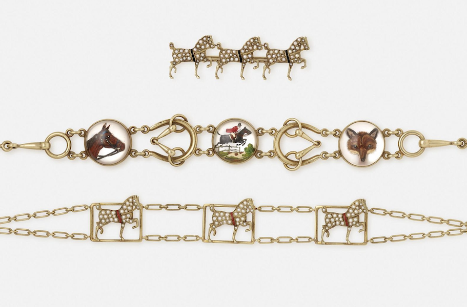 A group of equestrian-themed jewelry, featuring motifs of horseshoes, trotting horses and a show jumper leaping a fence, went for $1,500 against an estimate of $600-$800 in November 2022. Image courtesy of Rago Arts and Auction Center and LiveAuctioneers.